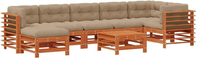 vidaXL Garten-Lounge-Set aus massivem Kiefernholz in Wachsbraun mit 8 Teilen und wetterfesten Kissen im L-Shape Design - Bild 1