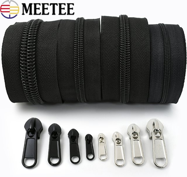 Meetee Reißverschlussschieber Set aus schwarzem Nylon mit silbernen Köpfen für Kleidung und DIY-Reparaturen - Bild 1
