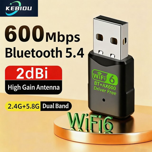 Kebidu USB Bluetooth 5.4 und WiFi 6 Adapter 600Mbps WLAN-Dongle Schwarz - Bild 1