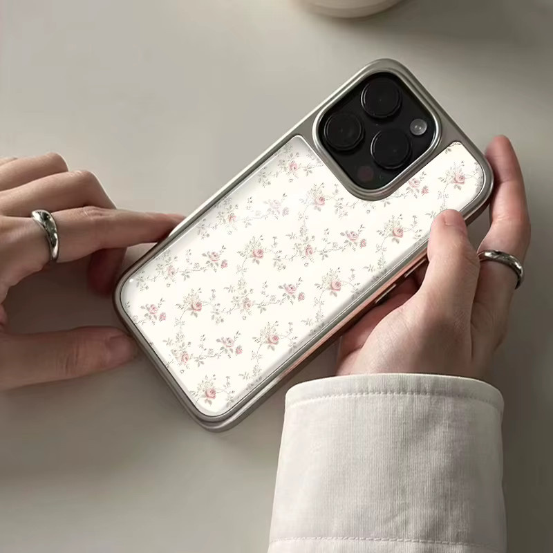 DecoPhone Stoßfeste Handyhülle mit Retro-Rosen-Hydrogel-Rückplatte und silbernem Rand für iPhone 17, 16, 15, 14 Pro Max, Mehrfarbig - Bild 4