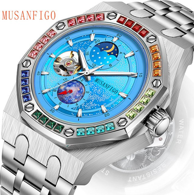 MUSANFIGO Automatik-Armbanduhr Edelstahl, Blau, Diamantbesetzt, Herren - Bild 1