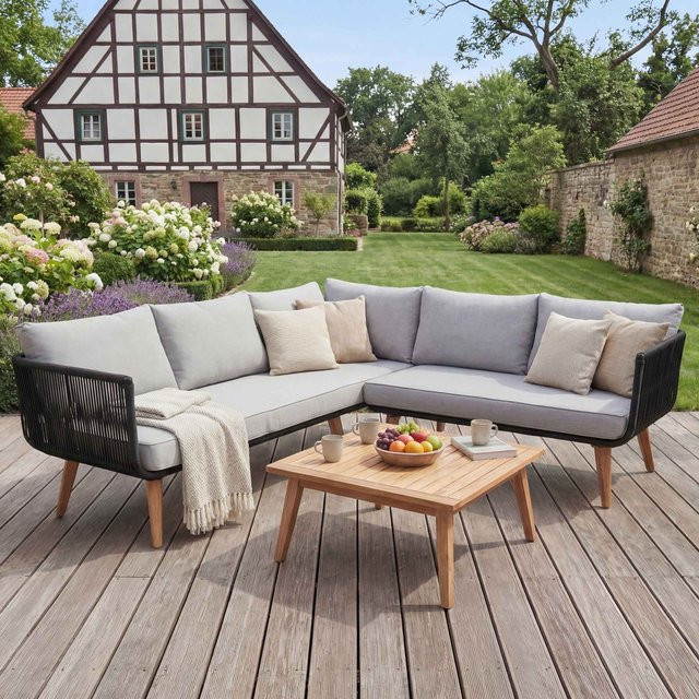 MCW Garten-Lounge-Set L30 aus Akazienholz mit hellgrauen Polstern und Seilgeflecht - Bild 1