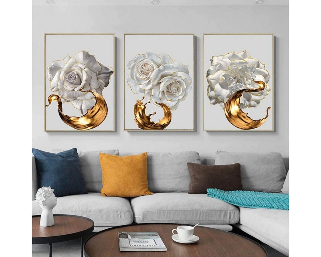 TPFLiving Kunstdruck Leinwand Set mit weißen Rosen und goldenen Blättern, 3 Motive, Farben: Gold und Weiß, B/H: 20 x 25 cm - Bild 1