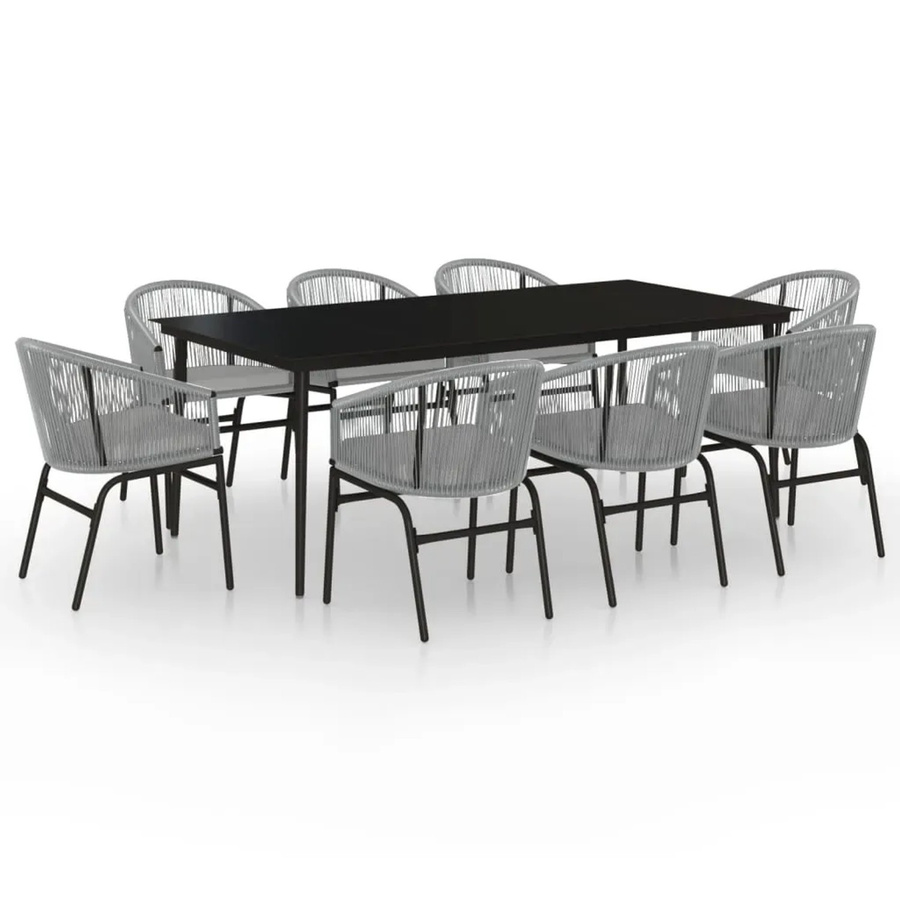 vidaXL 9-teilige Garten-Essgruppe in Grau mit Tisch aus gehärtetem Glas und Rattan-Stühlen aus pulverbeschichtetem Stahl - Bild 2