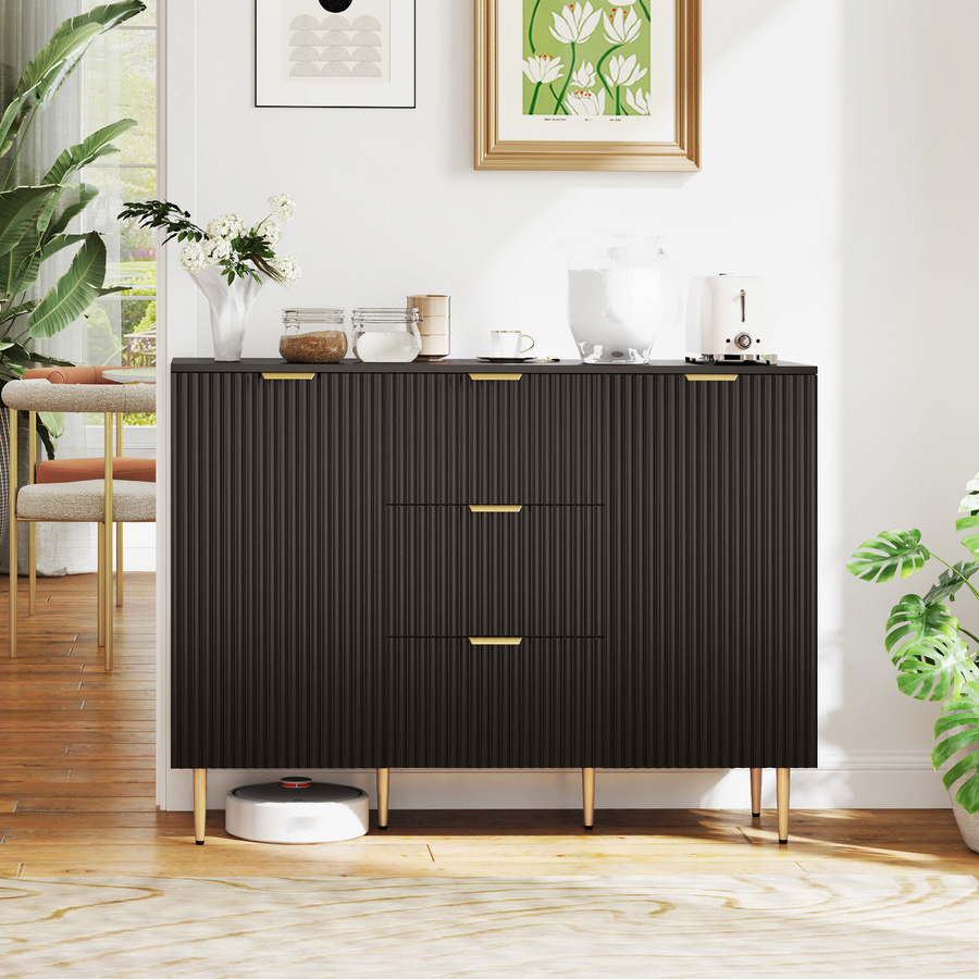 HOMCOM Sideboard in Schwarz mit 3 Schubladen und geriffelten Türen, verstellbare Einlegeböden und Metallfüßen, B/T/H: 120 x 40 x 90 cm - Bild 2