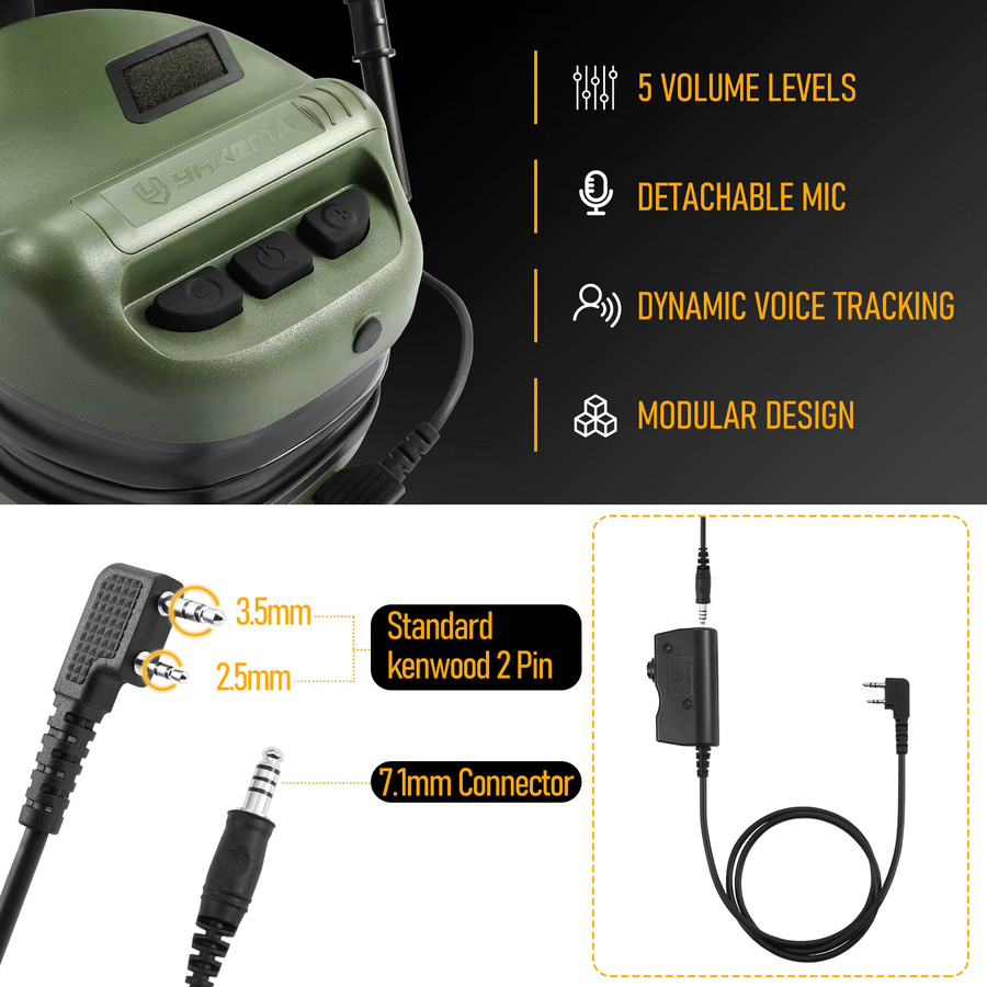 YHKEMA E70 Taktisches Schieß-Headset mit U94 PTT für Kenwood in Schwarz mit aktiver Geräuschunterdrückung für Jagd und Airsoft - Bild 4