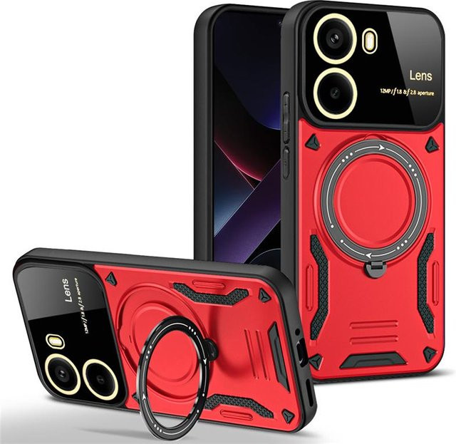Robuste Magnetische Schutzhülle für POCO M7 Pro mit drehbarem Halter und Linsenfolie, Farbe: Rot - Bild 1