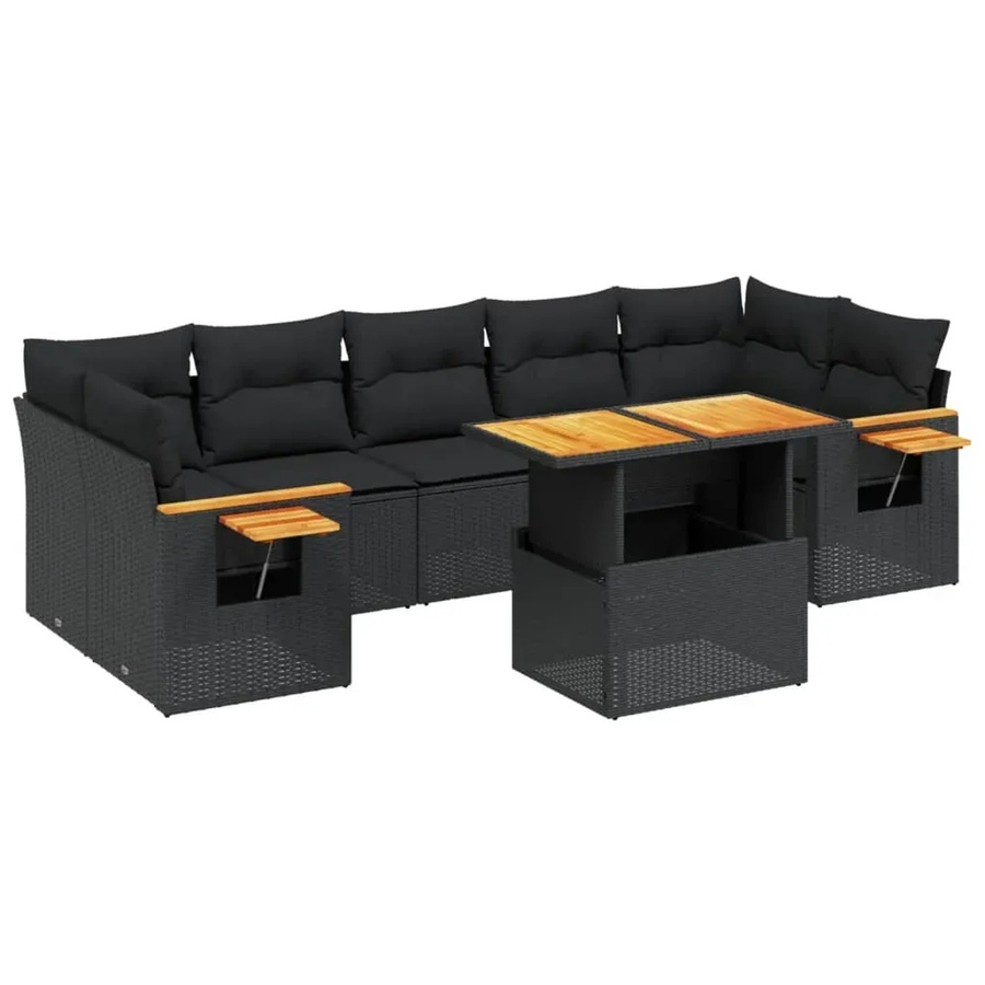 vidaXL 8-tlg Garten-Sofagarnitur in L-Form aus Polyrattan und Akazienholz mit Kissen, Schwarz - Bild 2