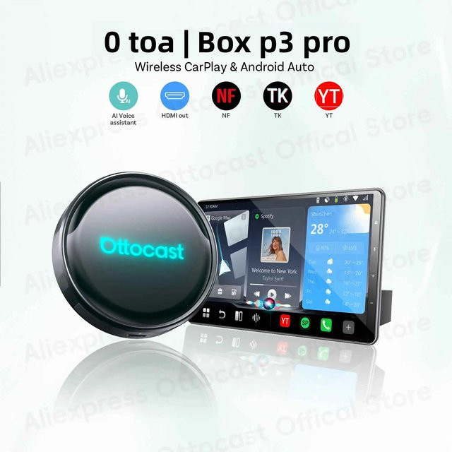 OTTOCAST P3 PRO AI Box Android TV Box mit HDMI-Ausgang für kabelloses CarPlay und Android Auto in Schwarz - Bild 1