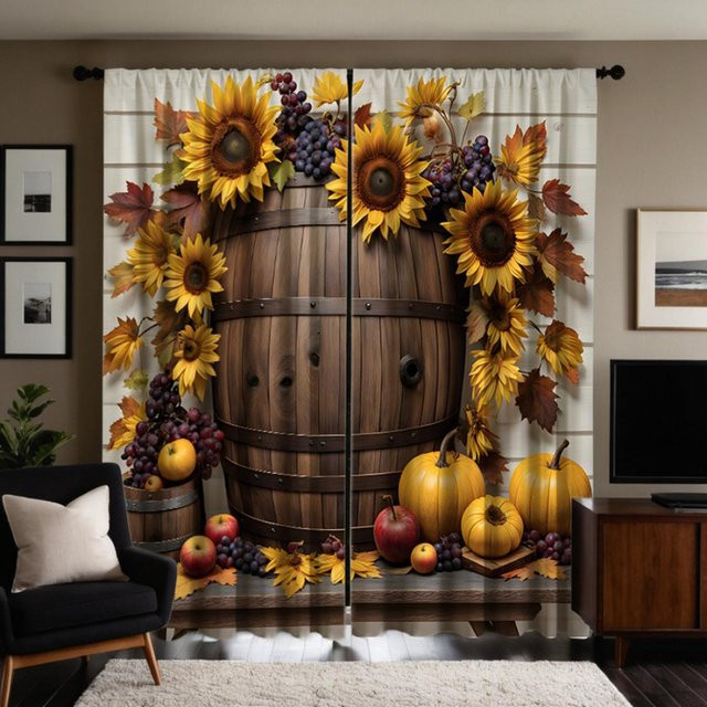 2er-Set dekorative Vorhänge mit Thanksgiving-Kürbis und Sonnenblumen-Print, Gelb und Braun, B: 132 cm, H: 160 cm - Bild 1