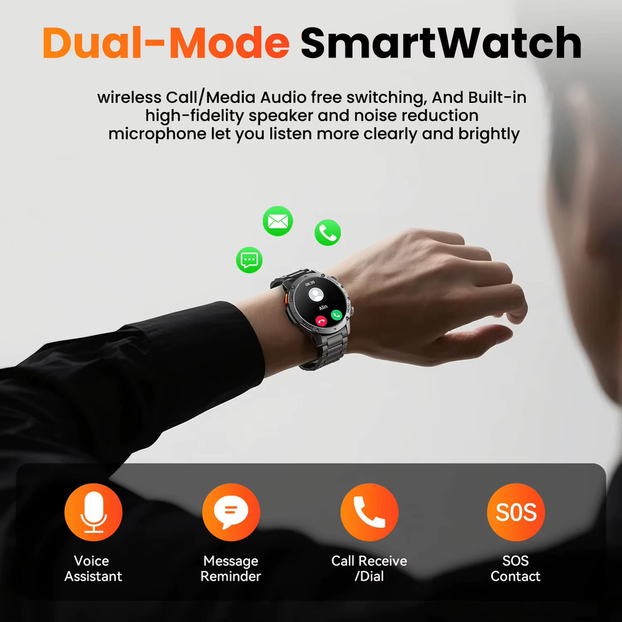 GUHUAVMI Militär-Smartwatch in Schwarz mit 1,7 Zoll Ultra-HD-Bildschirm, Bluetooth-Anruffunktion, IP68K Wasserdichtigkeit und Herzfrequenzmessung für Android - Bild 6