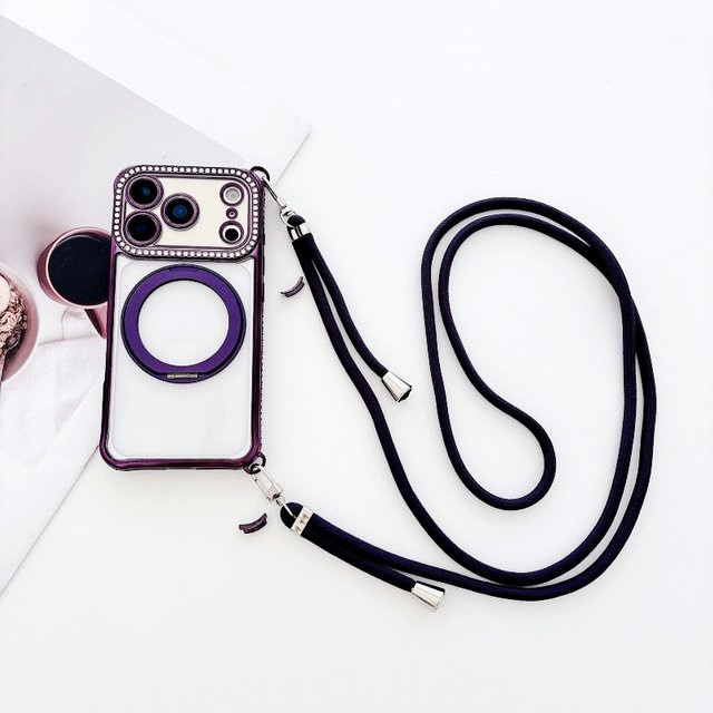 EHUIDE Diamant-Magnethülle für iPhone 17 Pro Max, 16, 15 Plus, 14, 13 mit Umhängeband, abnehmbarem 360-Ringhalter und Acryl-Abdeckung in Purple - Bild 1