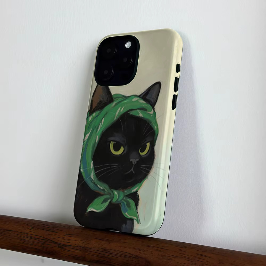 CaseLumi Matte Bumper MagSafe Hülle für iPhone 17 16 15 Pro Max Plus mit Schwarzer Katze und Grünem Kopftuch in Schwarz und Grün - Bild 4