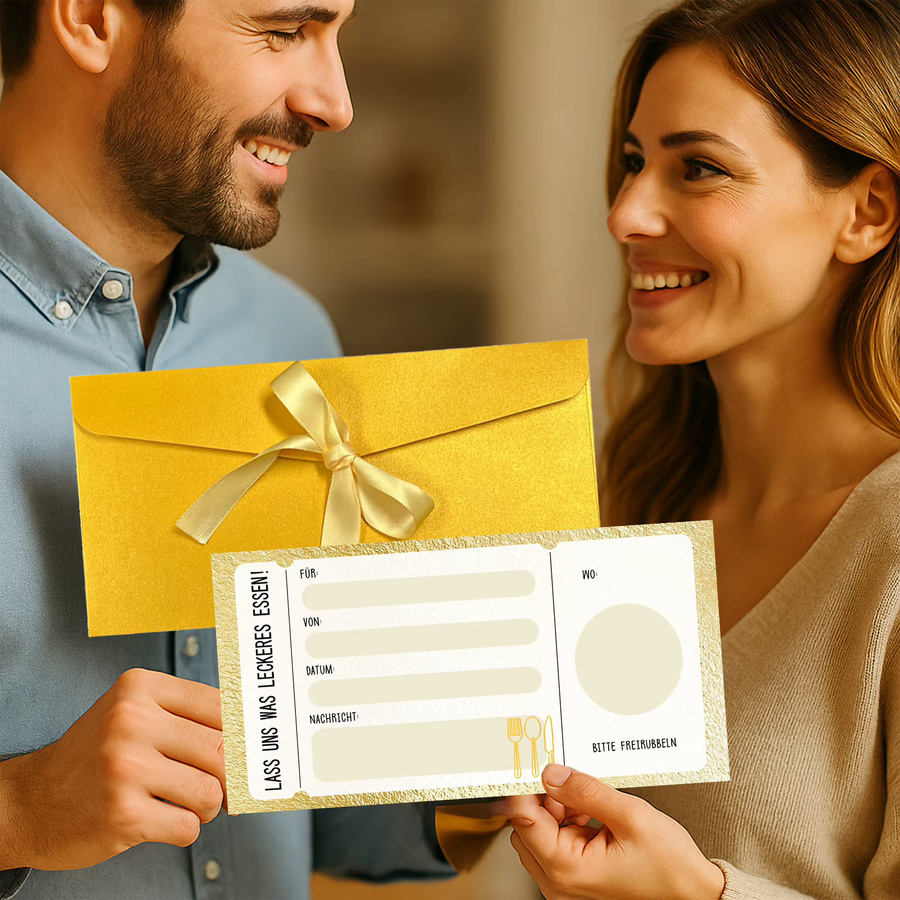 3-teiliges Gutschein-Kartenset für ein gemeinsames Essen in goldenem Design aus Papier - Bild 3