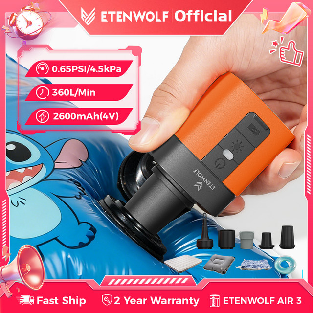 ETENWOLF AIR 3 Kleine Elektrische Luftpumpe und Campinglampe in Orange mit 2600mAh für Luftmatratzen, Schwimmbecken und Isomatten - Bild 1
