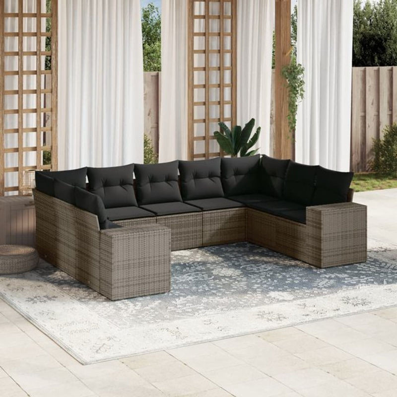 Vidaxl Gartenmöbel-Set aus Polyrattan mit Kissen, 9-teilig, Grau, Modernes Design - Bild 1