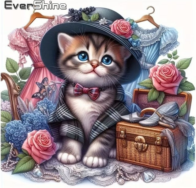 EverShine DIY Diamantmalerei Set mit Katze und Blumen, Runddiamant Mosaik-Set in Multicolour, B/B/H: 20 x 20 x 20 cm - Bild 1