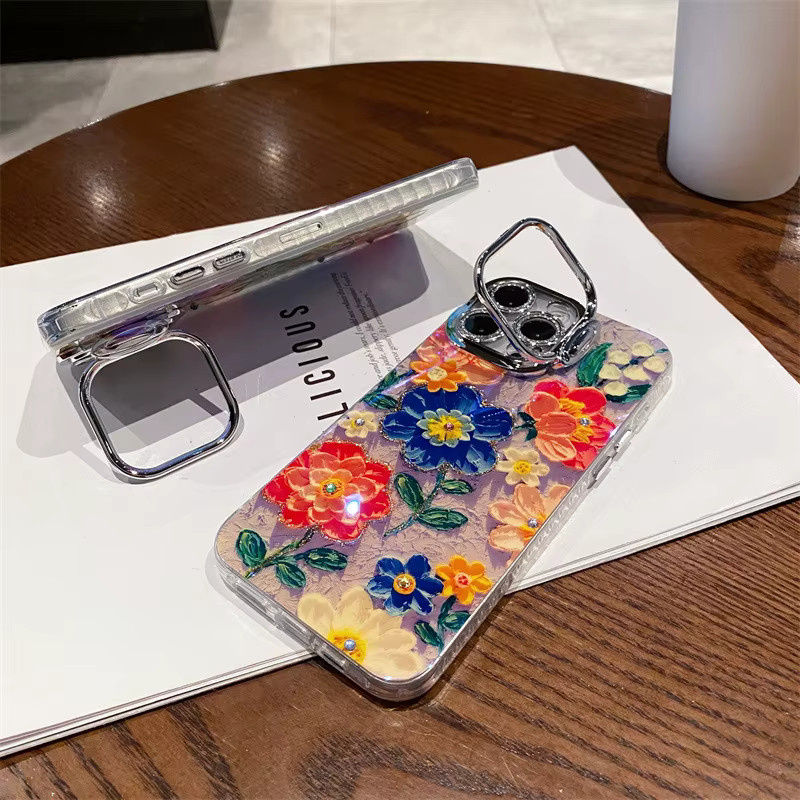 Stoßfeste iPhone Handyhülle mit buntem Ölgemälde Blumen-Design und Glitter-Effekt für Apple iPhone 12 13 14 15 16 Pro Max, Mehrfarbig - Bild 2