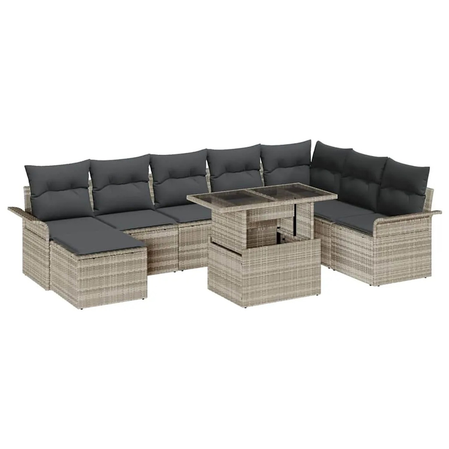 vidaXL Garten-Sofa-Set aus Polyrattan in Hellgrau, 9-teiliges Ecksofa-Set in U-Form mit Kissen und integriertem Stauraum - Bild 2