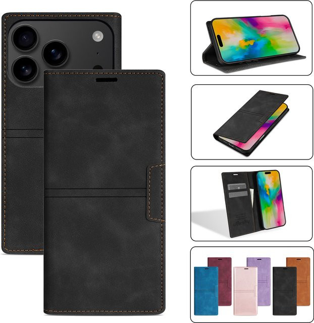 Luxuriöse Flip-Lederhülle von aierkeba für iPhone Modelle mit Kartenfächern und Schutzabdeckung in Pink oder Black - Bild 1