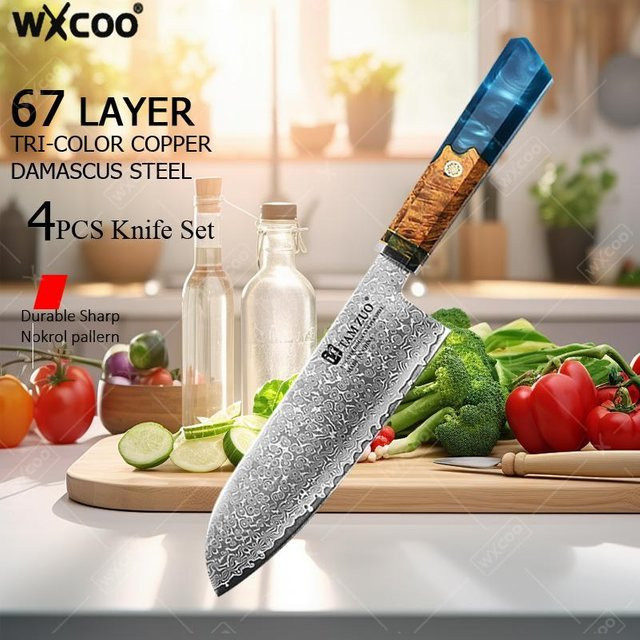 WXCOO Kiritsuke-Kochmesser aus VG10 Damaststahl mit farbigem Holzgriff, 21,6 cm - Bild 1