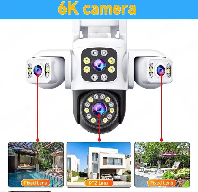 Vstarcam 6K 12MP WiFi Outdoor Sicherheitskamera mit drei Objektiven und PTZ 360 Grad Überwachung, Weiß - Bild 1