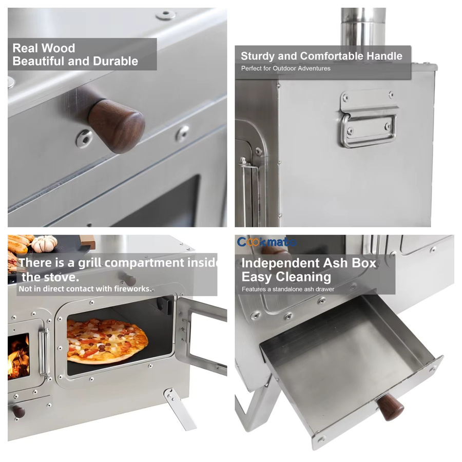 SOTECH Tragbarer Holzofen aus Edelstahl mit Backofen und Schornstein für Camping und Outdoor-Kochen in Silber - Bild 3