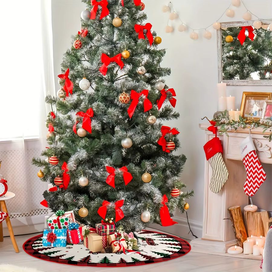 VIKAMA Weihnachtsbaumrock im Vintage Landhausstil mit kariertem Muster und Schneeflocken-LKW-Aufdruck inklusive Kissen - Bild 4
