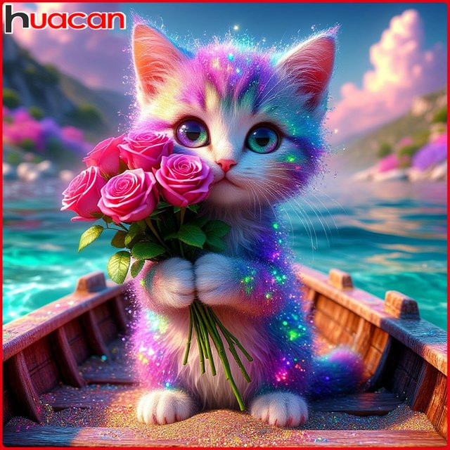 Huacan 5D-Diamantgemälde Katze und Rose als Diamantmosaik Set in Mehrfarbig, Breite: 20 cm, Höhe: 20 cm - Bild 1