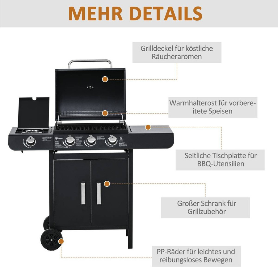 Outsunny Gasgrill aus Stahl und Kunststoff in Schwarz, B/H/T: 50 x 100 x 110 cm - Bild 4