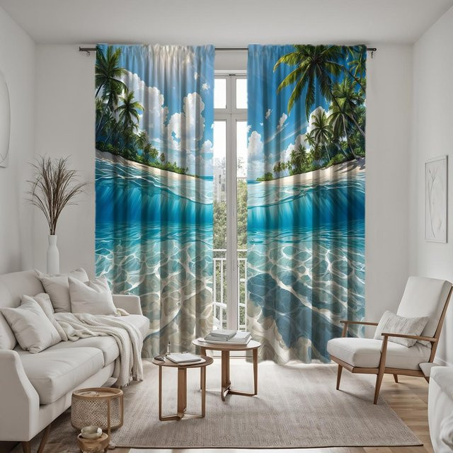 2er-Set Dekorative Vorhänge mit blauem Wasser und weißem Wolkenhimmel Motiv in Blau und Weiß, B: 132 cm, H: 160 cm - Bild 1