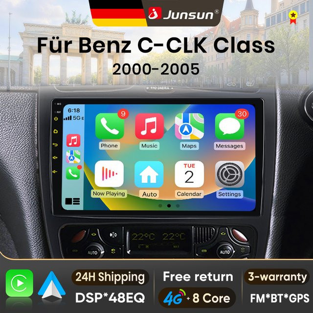 Junsun Android 15 Autoradio mit 9 Zoll IPS-Bildschirm für Mercedes Benz C-Klasse CLK-Klasse W203 W209 S203 A209 (2000-2005), kabelloses Apple CarPlay, Stereo-Multimedia-Videoplayer, Schwarz - Bild 1
