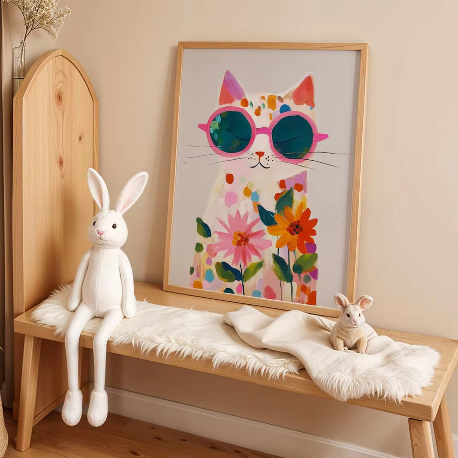 Boho Katzen Wandkunst von SHENCHEN: Bunter abstrakter Aquarelldruck mit gepunkteten Kätzchen und Blumen als rechteckiger Paper Poster in Pink und Multicolour - Bild 2