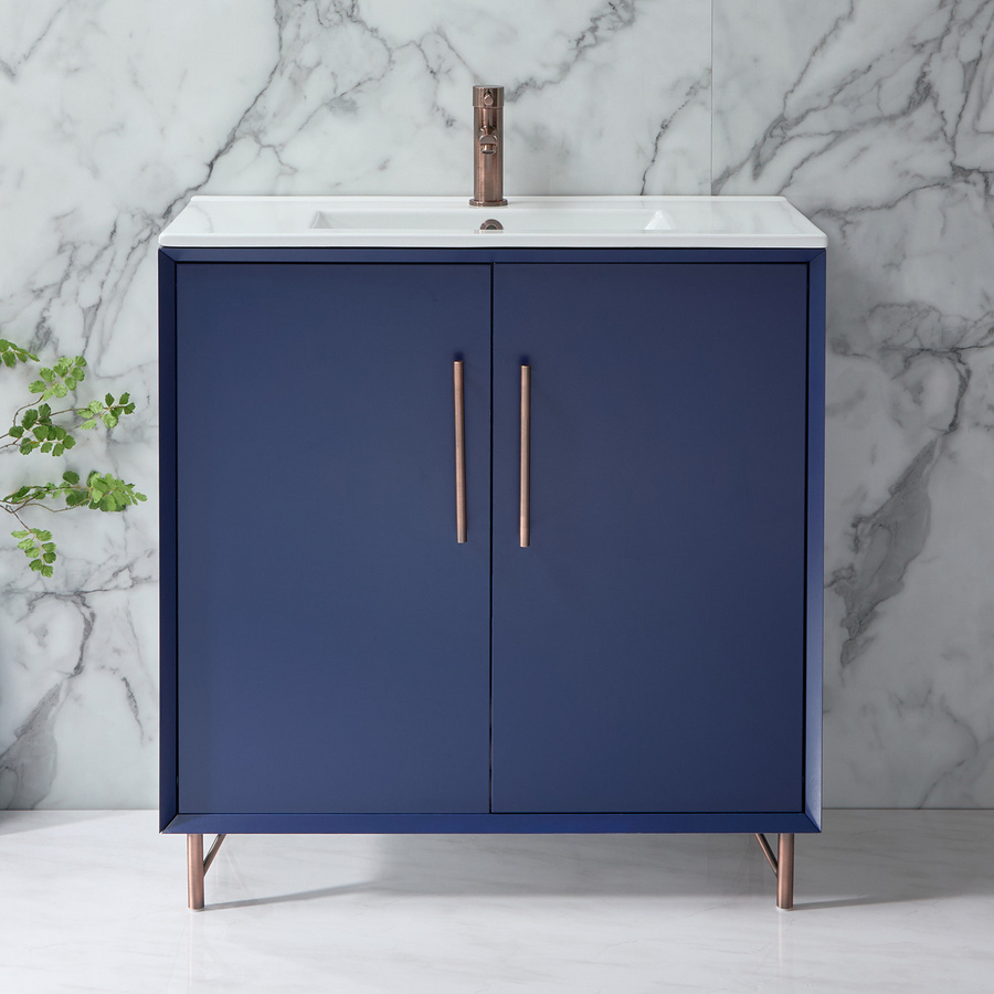 Waschtischunterschrank mit Waschbecken Edge von HudsonReed in Dunkelblau mit Soft-Close-Türen und Griffen in gebürsteter Bronze, Breite: 81 cm - Bild 1