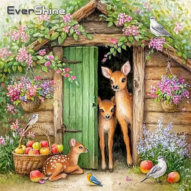 EverShine Diamant-Gemälde Hirschmuster Landschaft mit Hausbild als quadratisches Mosaik in Multicolour für Erwachsene und Anfänger - Bild 1