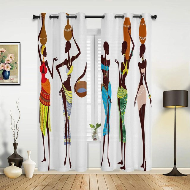 Afrikanische traditionelle ethnische Stil Vorhänge für Wohnzimmer und Schlafzimmer, halbtransparent, Mehrfarbig, B: 135 cm, H: 60 cm - Bild 1