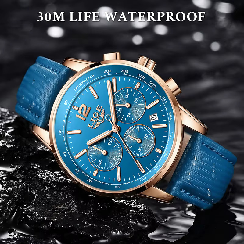 LIGE Armbanduhr Chronograph, Quarz, Leder, Blau, Roségold, Herren - Bild 4