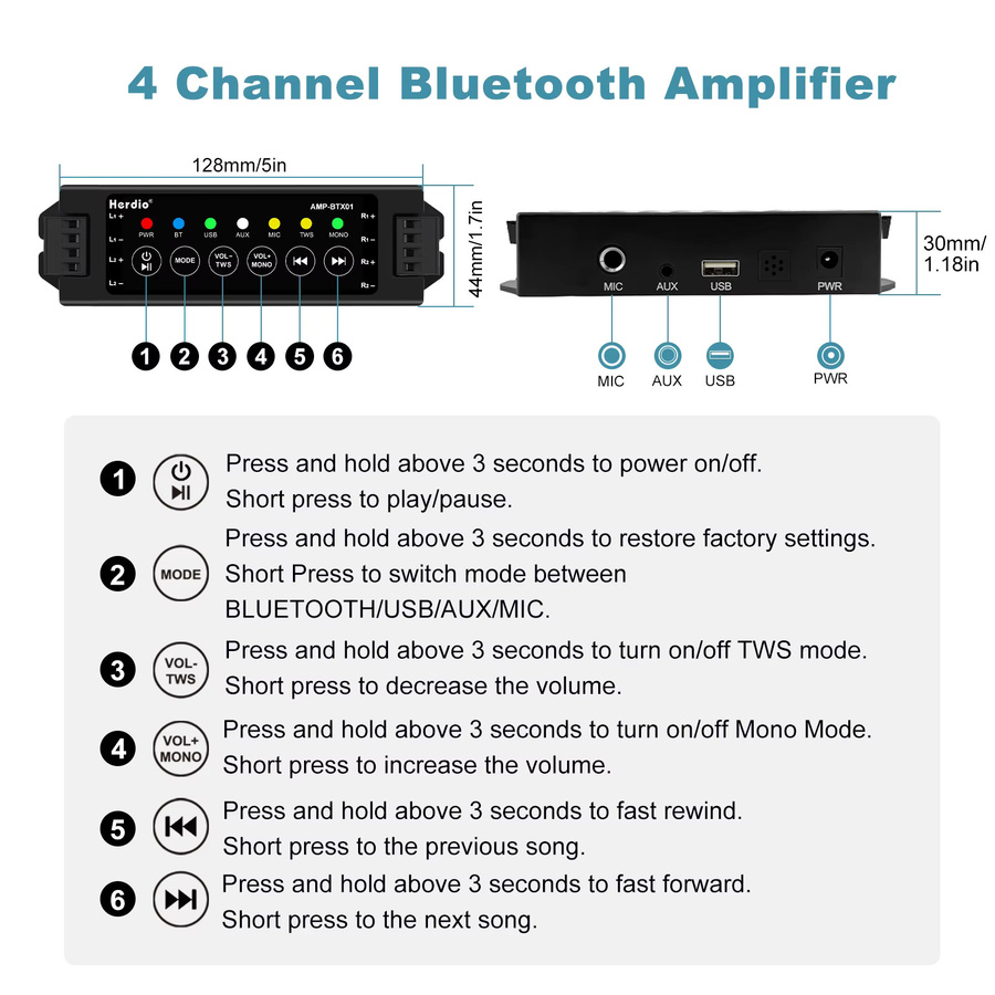 Herdio 4-Kanal Bluetooth-Audioverstärker mit Fernbedienung in Schwarz für Badezimmer-Wand- und Deckenlautsprecher - Bild 5