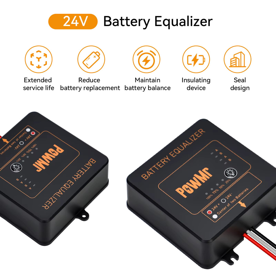 PowMr BE24 Batterieausgleicher mit LED-Anzeige, 24V Dual 12V Blei-Säure-Balancer in Schwarz, kaskadierbar für Solar- und Wohnmobil-Speicherbatterien, Spannungsausgleicher - Bild 4