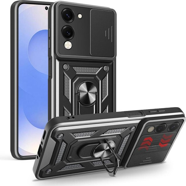 Magnetische Panzerhülle für Vivo Y29S 5G, Y19S und Y04 4G mit Linsenschutz und Ring in Schwarz und Transparent - Bild 1