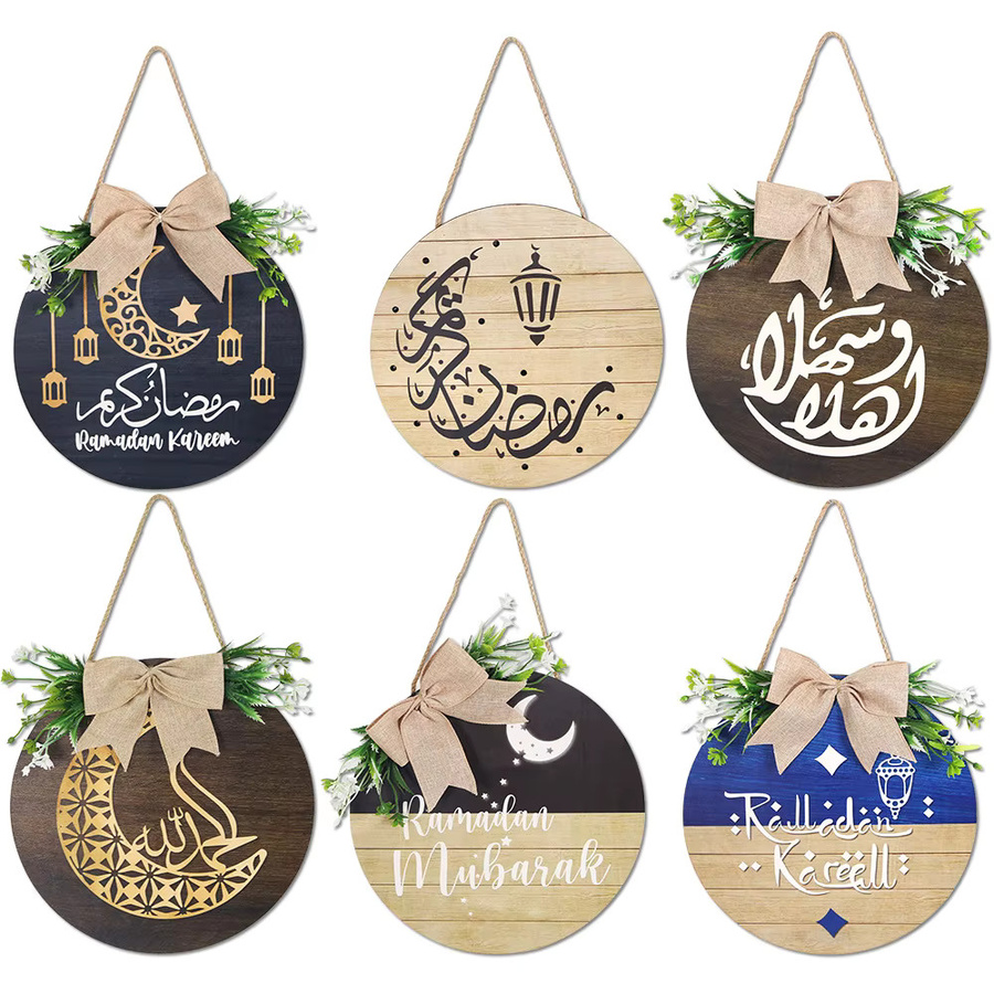 WEIGAO Ramadan Kareem Holzschild als runder Eid Mubarak Türhänger und Wanddekoration mit Mond- und Buchstaben-Motiv - Bild 4