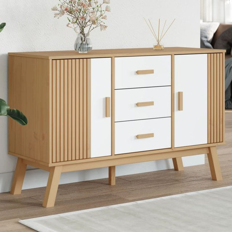 Sideboard Olden von vidaxl aus Massivholz Kiefer in Weiß und Braun, B/T/H: 114 x 43 x 73,5 cm - Bild 1