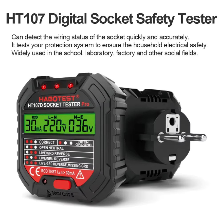 TELEHILL Digitaler Steckdosentester HT106/HT107 zur Spannungsprüfung mit NCV und RCD-Test, Schwarz - Bild 2