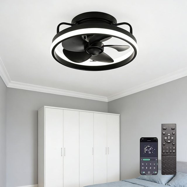 LINCCW Moderne LED-Deckenventilator-Leuchte in Schwarz mit Fernbedienung, dimmbar, DC-Motor und Timer-Funktion, B/T/H: 33,02 x 33,02 x 17,78 cm - Bild 1