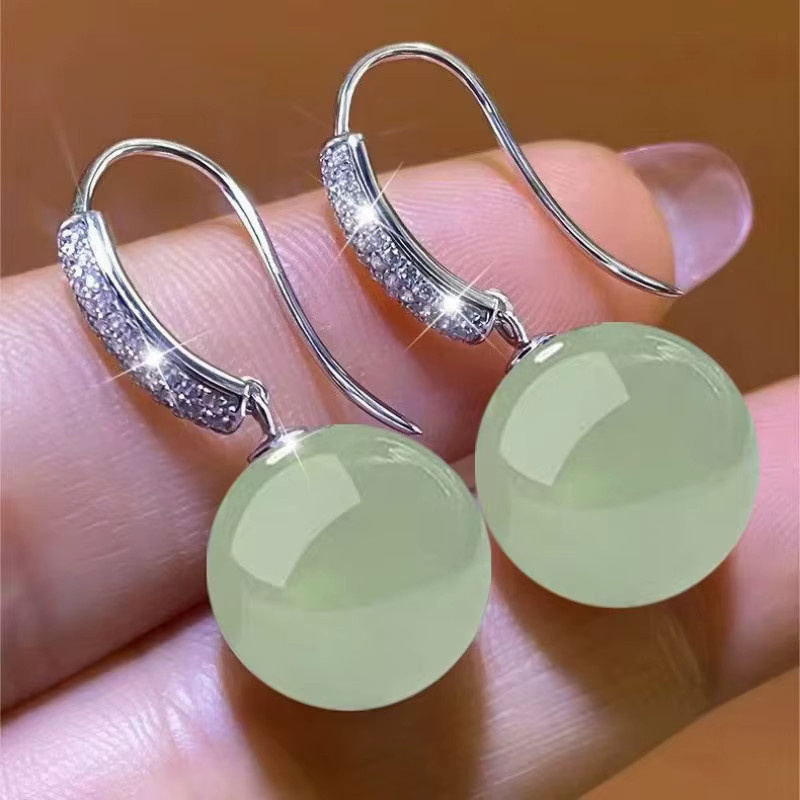 ALCADEN Ohrringe, Hotan Jade, Zirkonia, Silber, Damen, Vintage - Bild 1