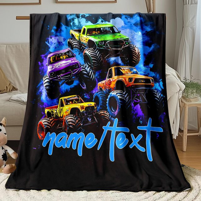 Personalisierte Monster-Truck Fleece-Decke mit Namen für Kinder, weich und warm, Mehrfarbig, B/T: 70 x 100 cm - Bild 1