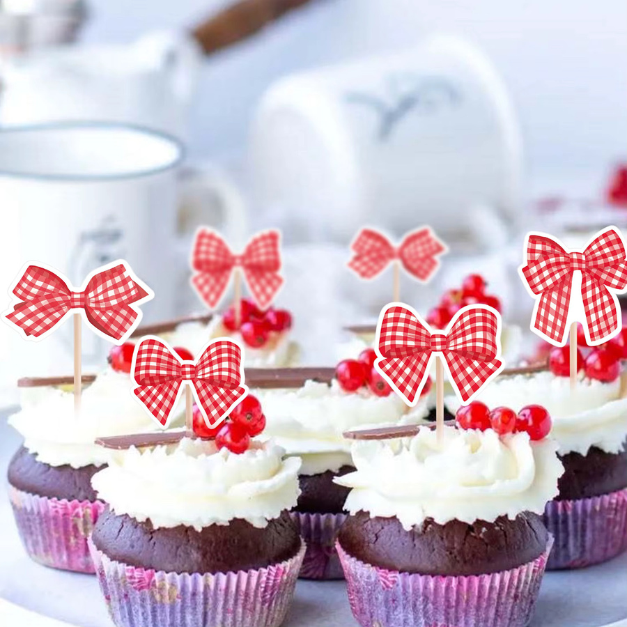 24er Set Rote Schleife Cupcake Topper im Plaid-Design für Hochzeit, Geburtstag und Valentinstag als DIY Party Dekoration - Bild 4