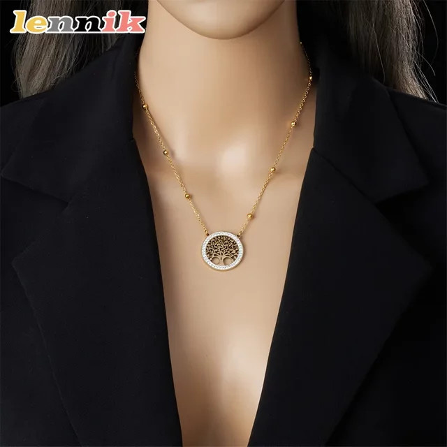 LENNIK Schmuck-Set, Baum des Lebens Anhänger, Ohrstecker, Halskette, Edelstahl, Gold, Zirkonia - Bild 1