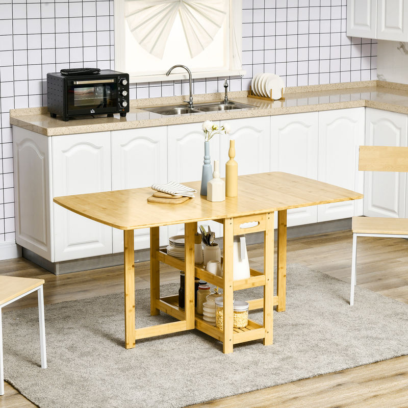 HOMCOM Esstisch aus Bambus mit Klappfunktion und Ablagefächern, Naturholz Braun, B/T/H: 149,5 x 80 x 73,5 cm - Bild 2