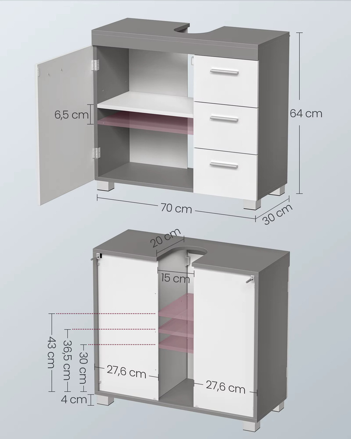 VASAGLE Waschbeckenunterschrank mit Füßen in Weiß, moderner Badunterschrank mit Schubladen und Türen, B/T/H: 70 x 30 x 64 cm - Bild 3